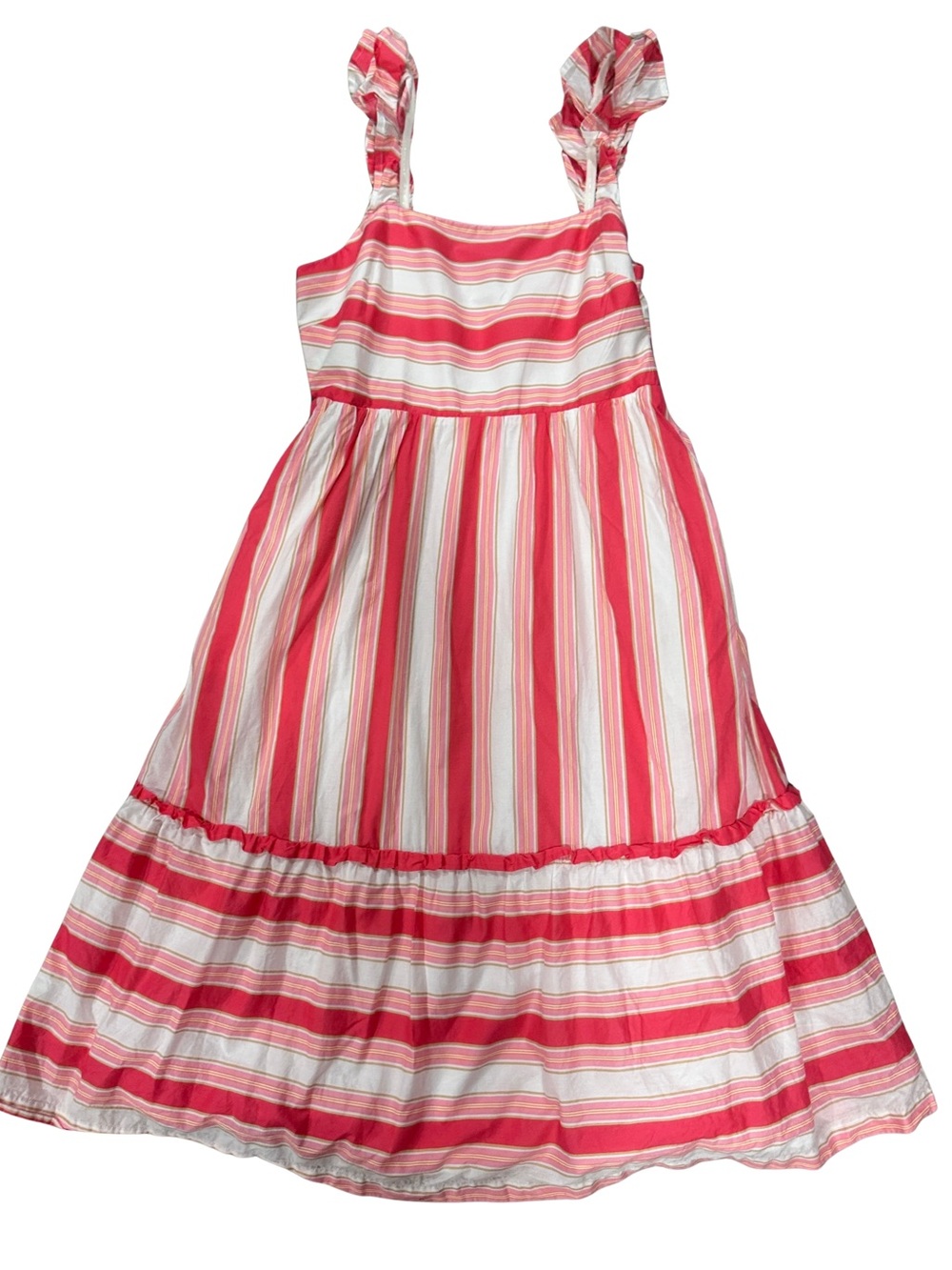 J. Crew Pink, Yellow, and White Striped Ruffle-Trim Cotton Midi Sundress